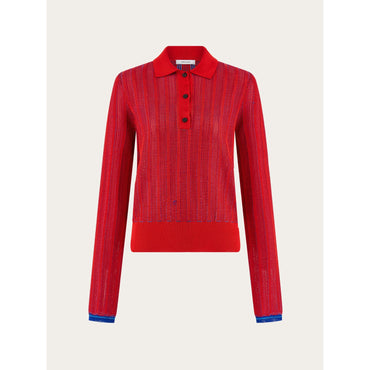 Long Sleeved Polo Shirt - Ladies - Red/Cerulean