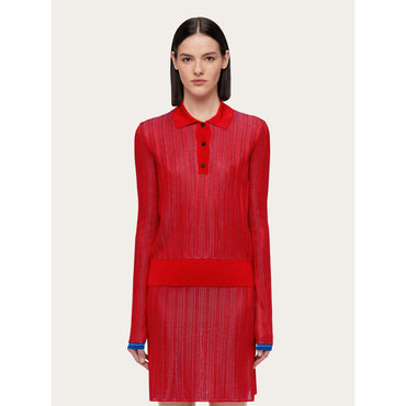 Long Sleeved Polo Shirt - Ladies - Red/Cerulean