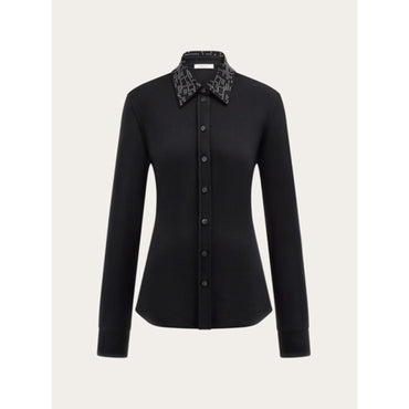 Slim Fit Jersey Shirt With Studded Collar - Ladies - Black