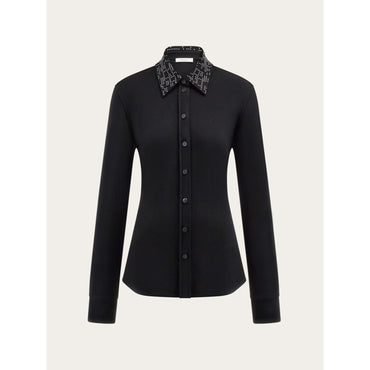 Slim Fit Jersey Shirt With Studded Collar - Ladies - Black