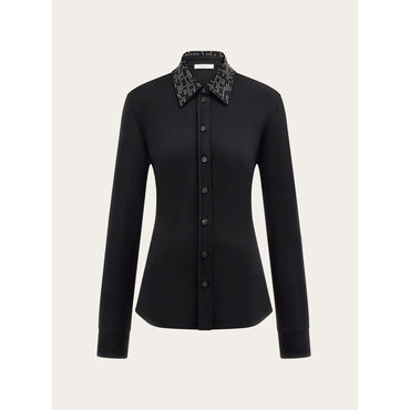Slim Fit Jersey Shirt With Studded Collar - Ladies - Black