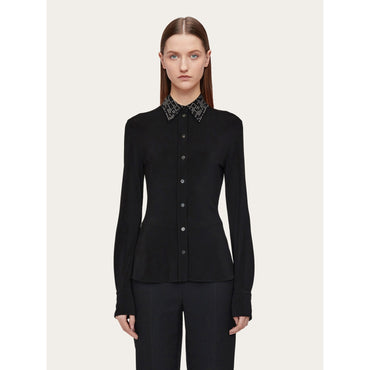 Slim Fit Jersey Shirt With Studded Collar - Ladies - Black
