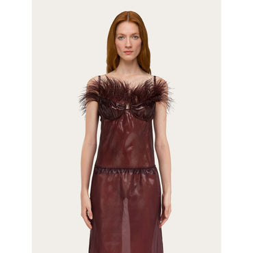 Organza Top With Feather Embellishment - Ladies - Oxblood