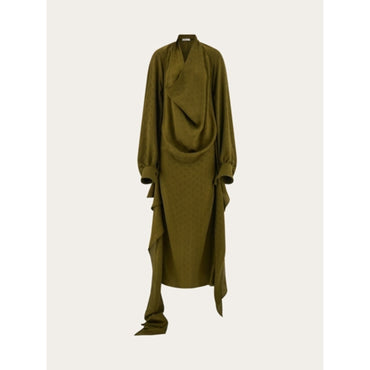 Layered Silk Dress With Ferragamo Monogram Motif - Ladies - Olive Green