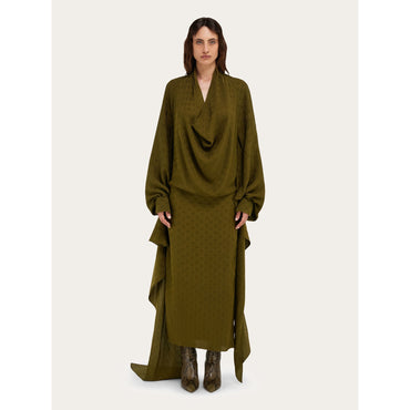 Layered Silk Dress With Ferragamo Monogram Motif - Ladies - Olive Green