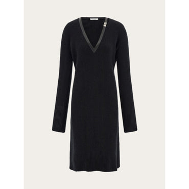 Knitted Wool Dress With Leather Trim - Ladies - Black