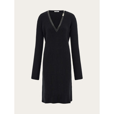 Knitted Wool Dress With Leather Trim - Ladies - Black