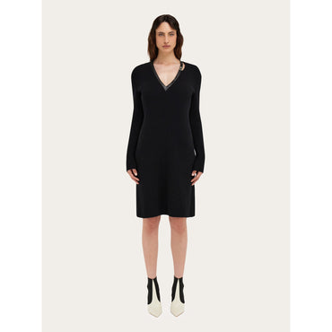 Knitted Wool Dress With Leather Trim - Ladies - Black
