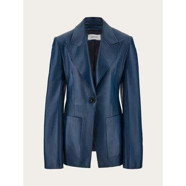 Single Breasted Leather Blazer - Ladies - Teal Blue