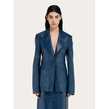 Single Breasted Leather Blazer - Ladies - Teal Blue