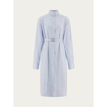Shirt Dress With High Collar - Ladies - White/Sky Blue