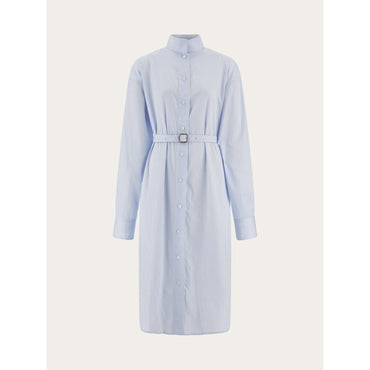 Shirt Dress With High Collar - Ladies - White/Sky Blue