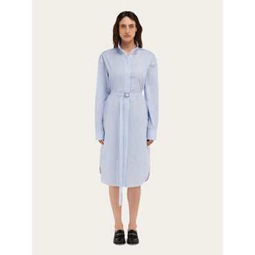 Shirt Dress With High Collar - Ladies - White/Sky Blue