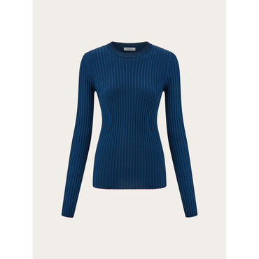 Ribbed Crew Neck Top - Ladies - Teal Blue