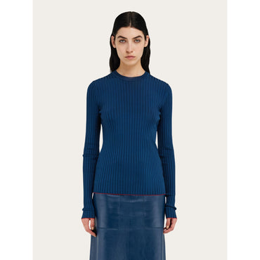 Ribbed Crew Neck Top - Ladies - Teal Blue