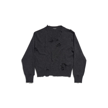Distressed V-Neck Sweater - Anthracite