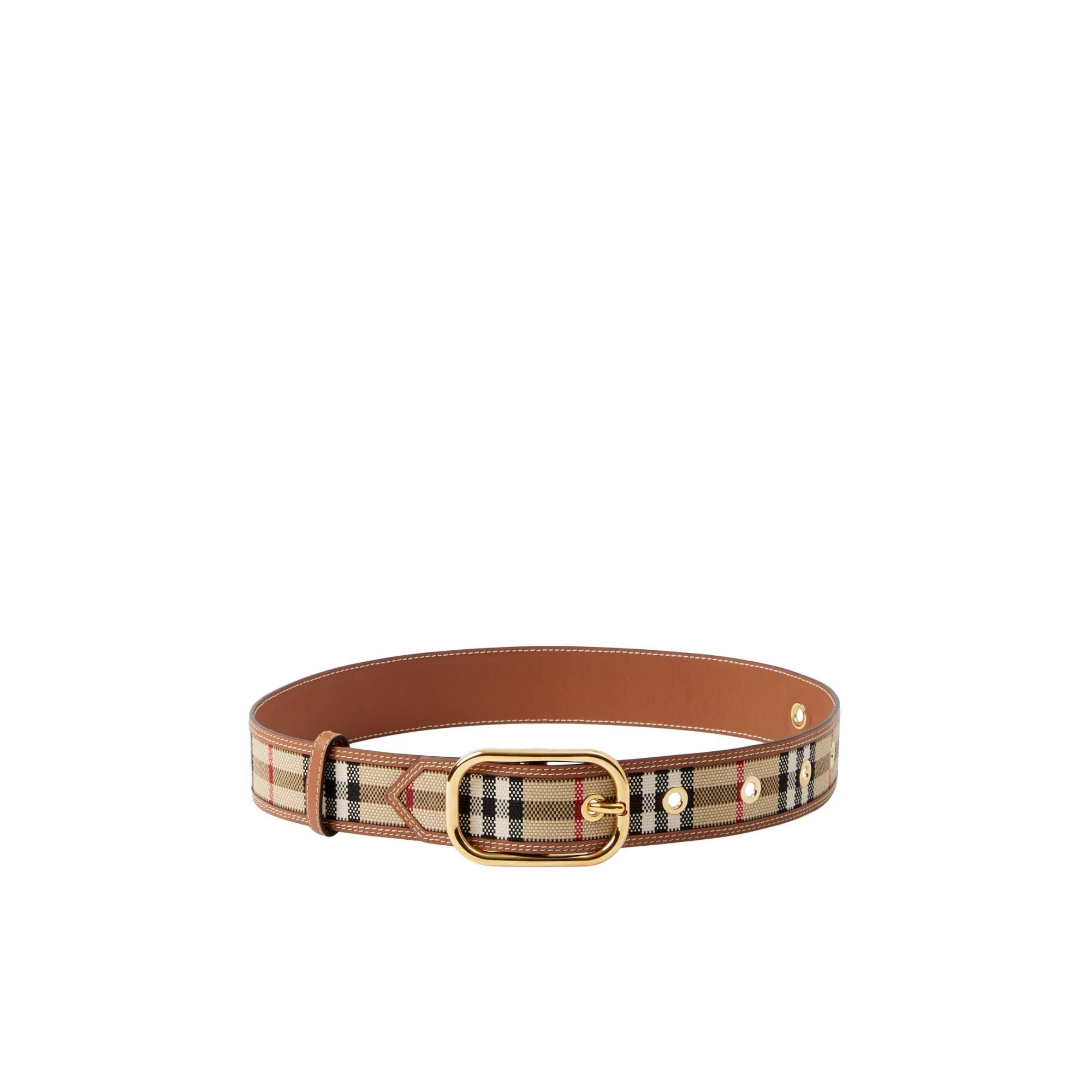 Check and Leather Belt - Archive Beige/Gold