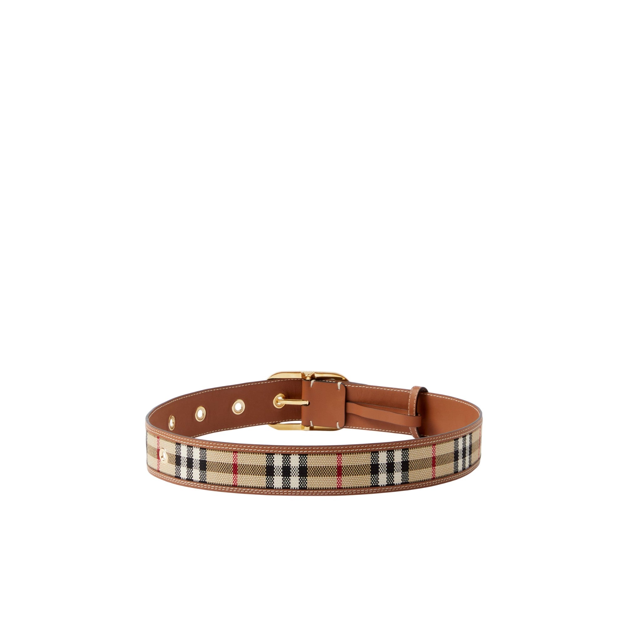 Check and Leather Belt - Archive Beige/Gold