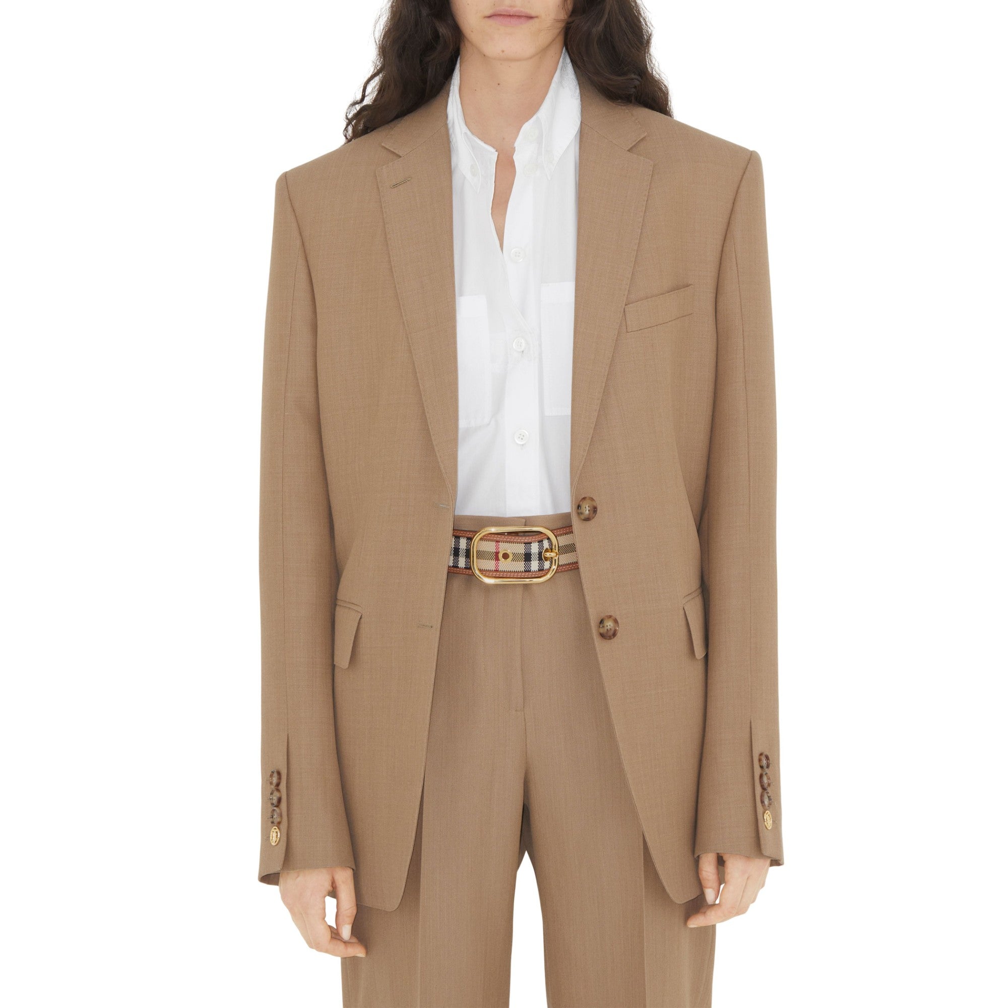 Check and Leather Belt - Archive Beige/Gold