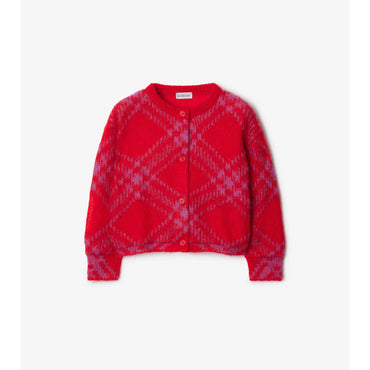 Check Mohair Wool Blend Cardigan - Warm Coral Red