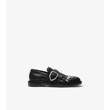 Leather Cobble Fringe Loafers - Black