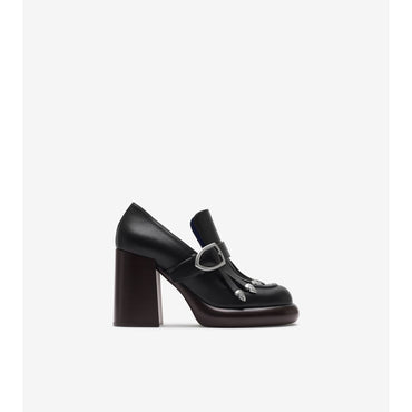 Leather Wedge Fringe Heeled Loafers - Black