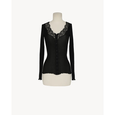 CARDIGAN DENTELLE JERSEY COTE - NERO/NERO