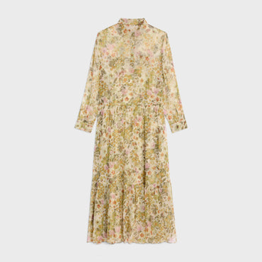Dress Chemise Plein Soleil Crepon De Soie Bouquet Fleurs Robe - Creme/Multicolore