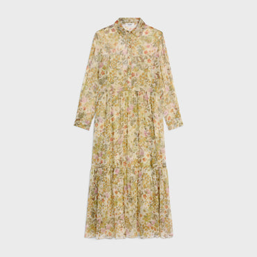 Dress Chemise Plein Soleil Crepon De Soie Bouquet Fleurs Robe - Creme/Multicolore