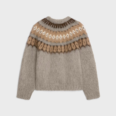 Pull Col Rond Loose Alpaga Brosse Fair Isle - Beige / Brun