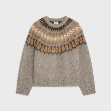 Pull Col Rond Loose Alpaga Brosse Fair Isle - Beige / Brun