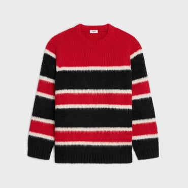 Pull Col Rond Oversize Brushed Striped Cotton - Black/Off White/Red