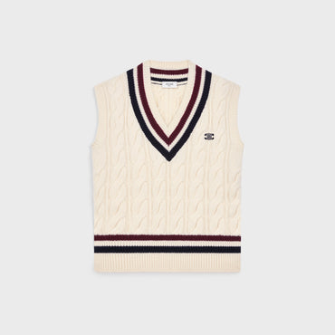 Pull Sans Manches Col V Cashmere Torsade Cachemire - Ecru/Burgundy/Navy