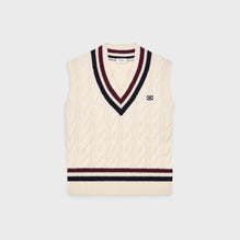 Pull Sans Manches Col V Cashmere Torsade Cachemire - Ecru/Burgundy/Navy